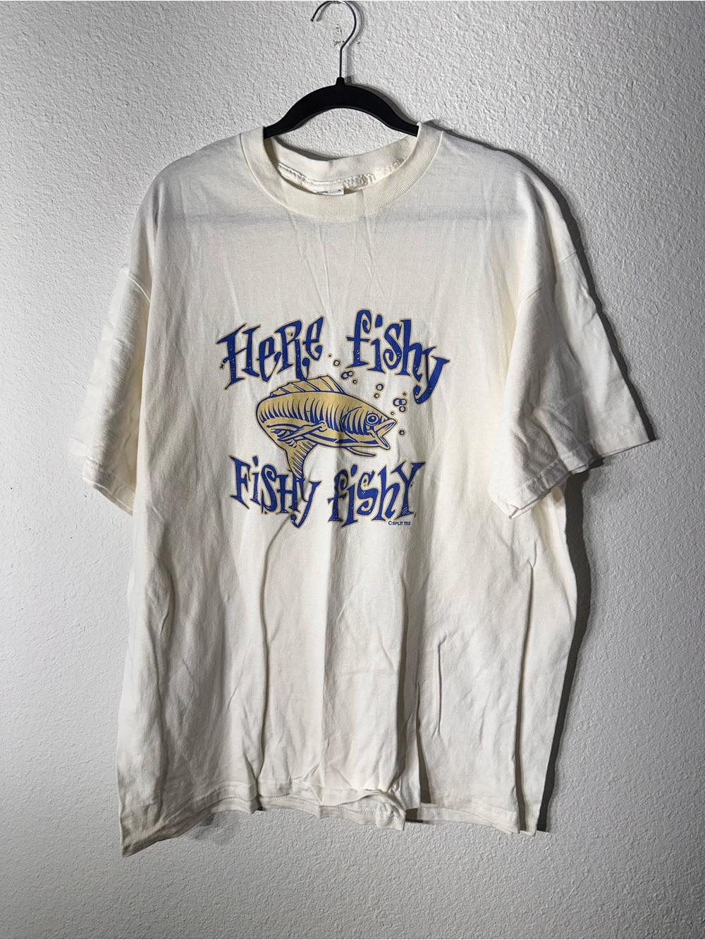 Vintage 90s Delta Here Fishy Fishy T Shirt Mens XL Off White Mahi Fishing Tee